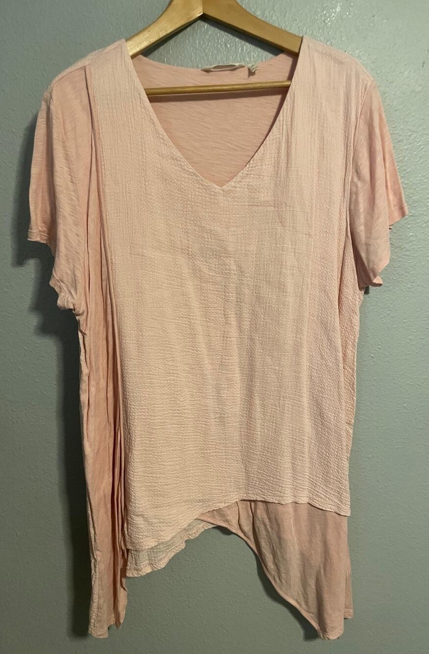 Soft Surroundings Tunic Top Womens XL Pink V Neck Crinkle Asymmetrical Hem Boho
